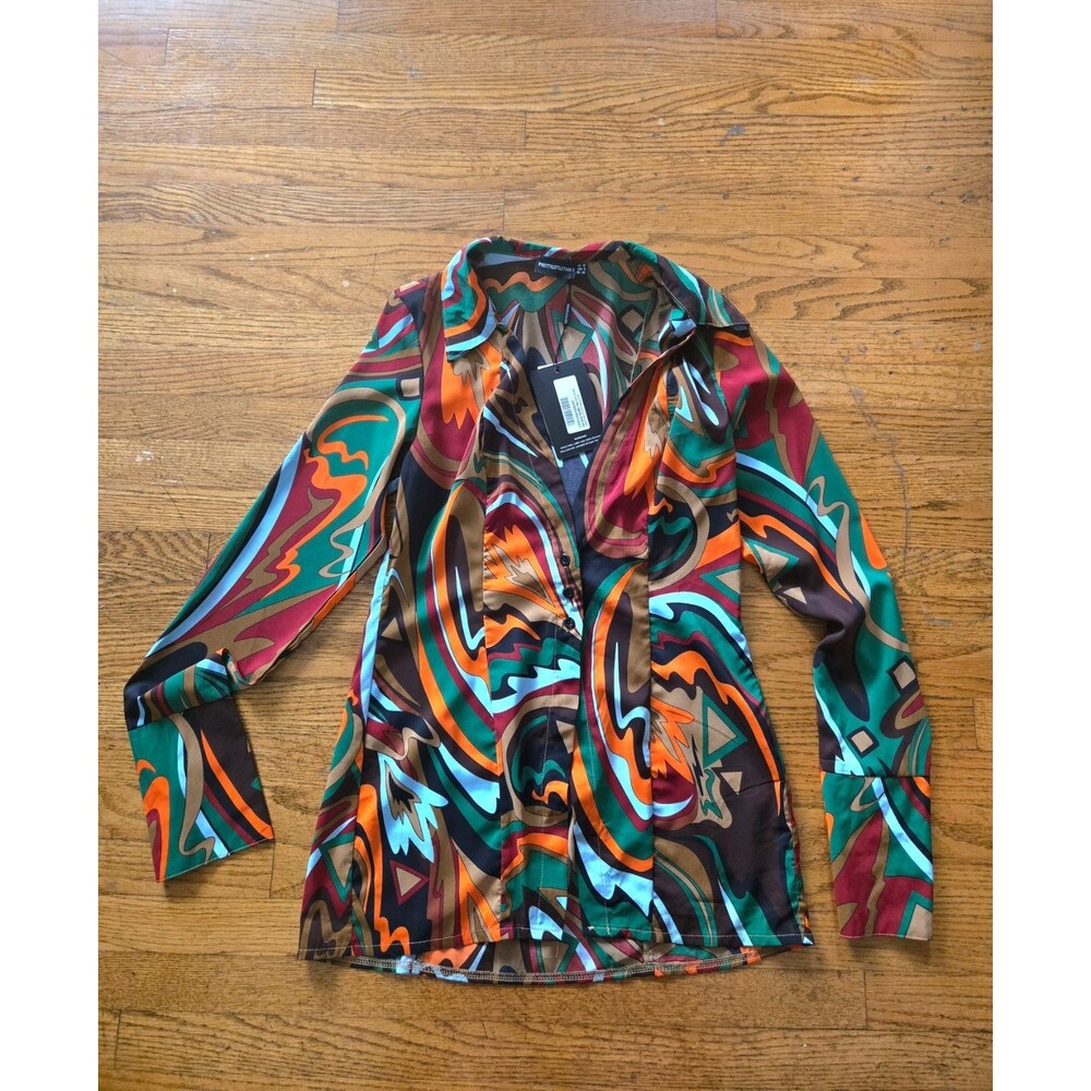 Pretty Little Things Womens Abstract Print Long Sleeve Chiffon Blouse Size 8 NWT
